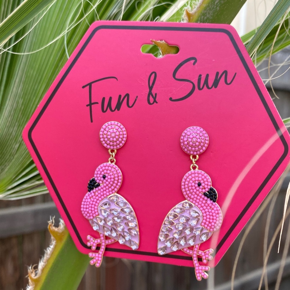 Pink Flamingo Beaded Rhinestone Earrings